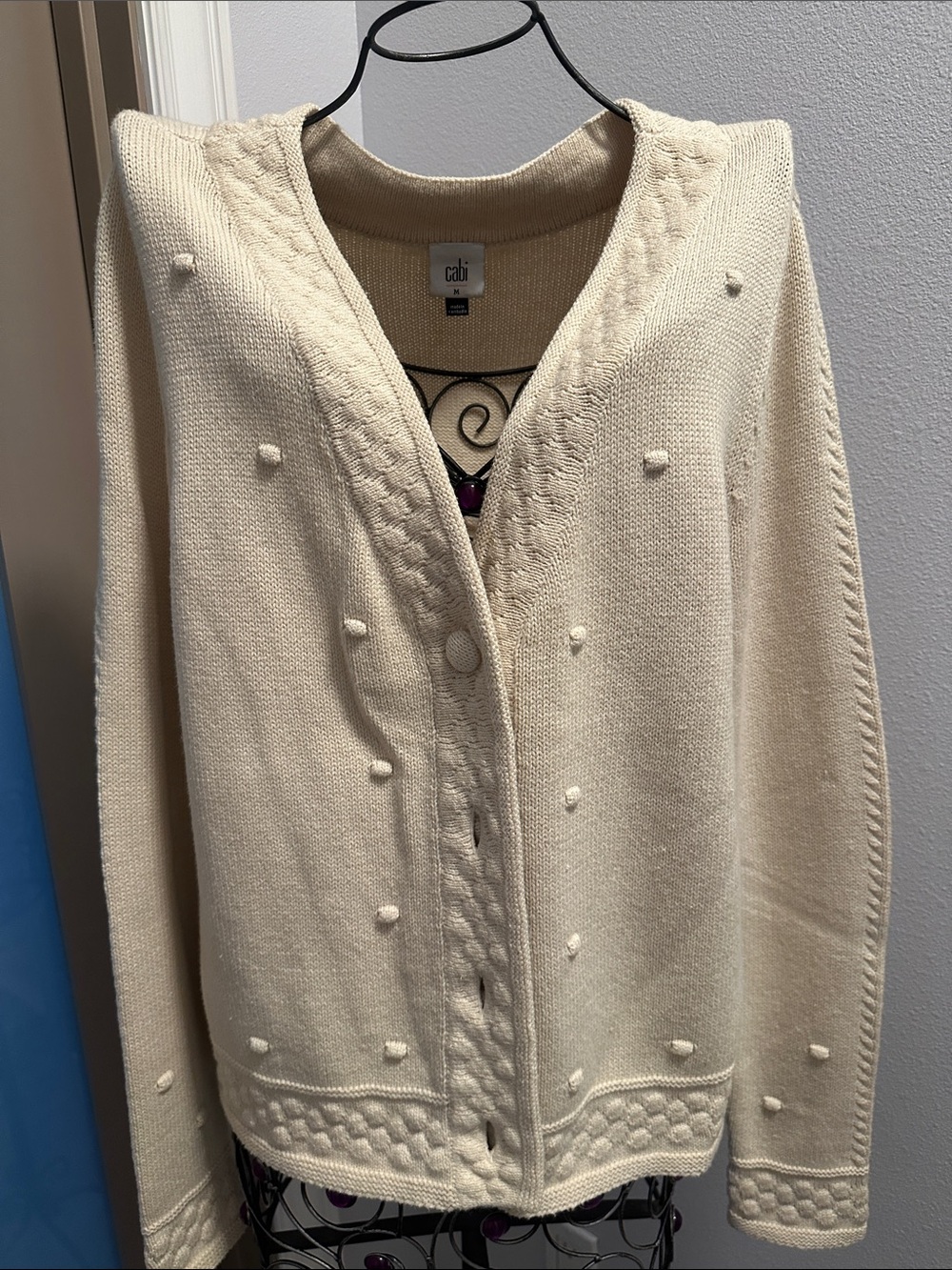 CAbi Retro Cardigan #6169 Ivory Bobble Cable Knit Sweater M